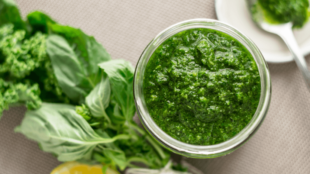 Basil pesto and cauliflower rice dip, a nourishing whole-food recipe shared by a holistic chiropractor in Marietta GA focused on gut health and wellness.