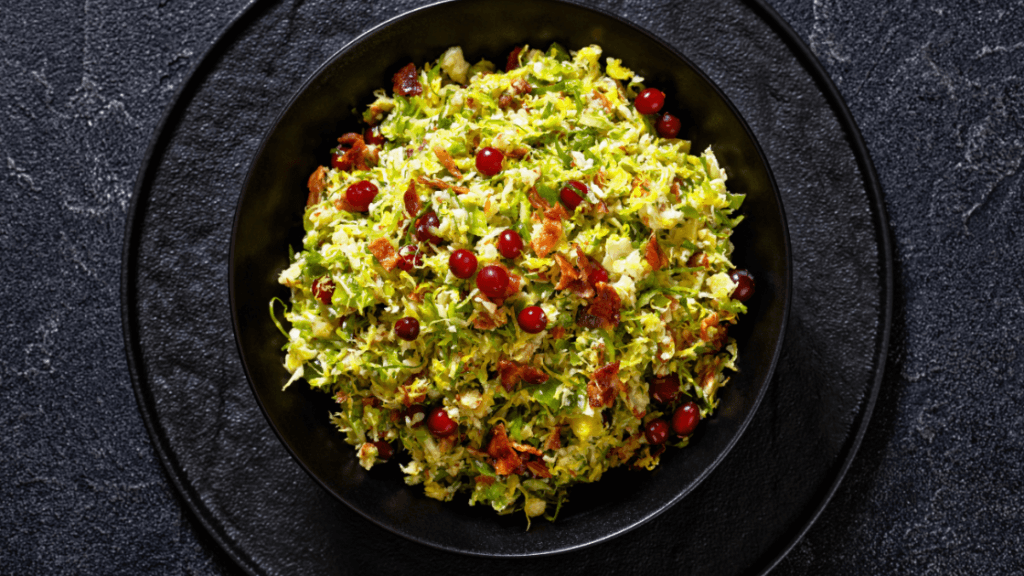 Pancetta roasted Brussels sprouts with pomegranate supporting gut health and functional medicine nutrition